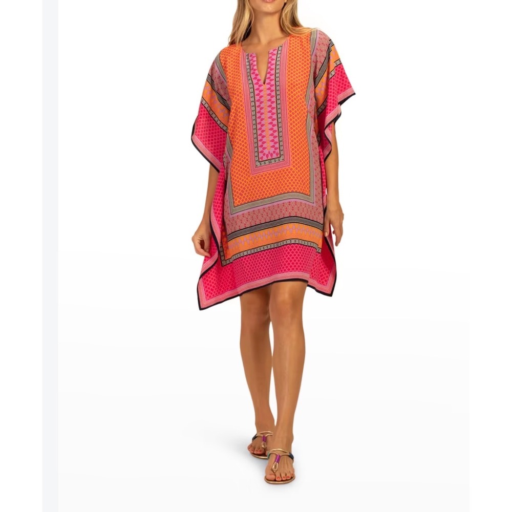 Trina Turk 100% Silk Theodora Kaftan Dress Pink Orange Geometric Print M/L Beach